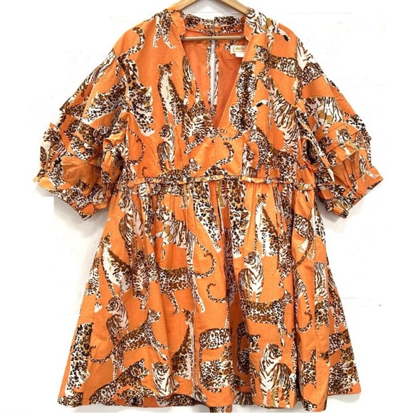 Anthropologie Maeve Orange Tiger Leopard Big Kitty Print Babydoll Mini Dress XS - Picture 2 of 14